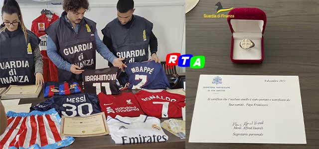 guardia-di-finanza-falsi-anelli-papa-regina-elisabetta-maglie-calciatori-RTAlive