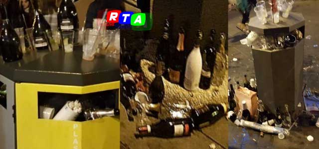 rifiuti-contenitori-pieni-cestini-stradali-bottiglie-feste-natalizie-capodanno-movida-alcolici-RTAlive