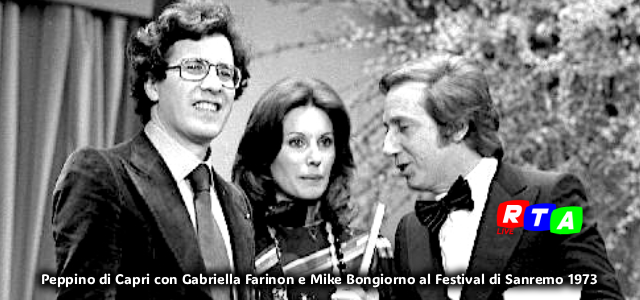 alt=Peppino di Capri con Gabriella Farinon e Mike Bongiorno al Festival di Sanremo 1973 RTAlive